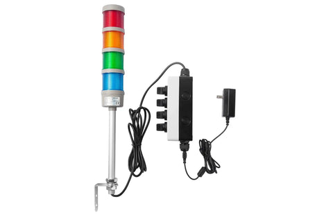 4 Stack LED Andon Tower Signal Light With Buzzer For Industrial Lines Red Yellow Green Blue On Off Flash ABB Selector Switch Plug And Play With Mean Well Power Adapter And 6 Ft And 16 Ft Extension Cords By Andont front view