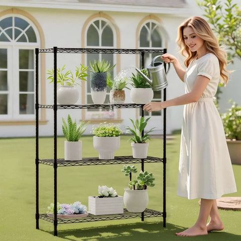 Woman watering plants on a 4 Tier Wire Shelving Unit 36x14x54 Black Adjustable Racks Holds 1000 Lbs No Tool Assembly Ideal For Home Garage