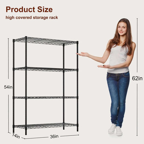4 Tier Wire Shelving Unit 36x14x54 Black Adjustable Racks Holds 1000 Lbs No Tool Assembly Ideal For Home Garage shown next to person for scale
