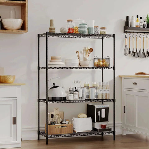 Kitchen scene with 4 Tier Wire Shelving Unit 36x14x54 Black Adjustable Racks Holds 1000 Lbs No Tool Assembly, stocked with kitchen items.
