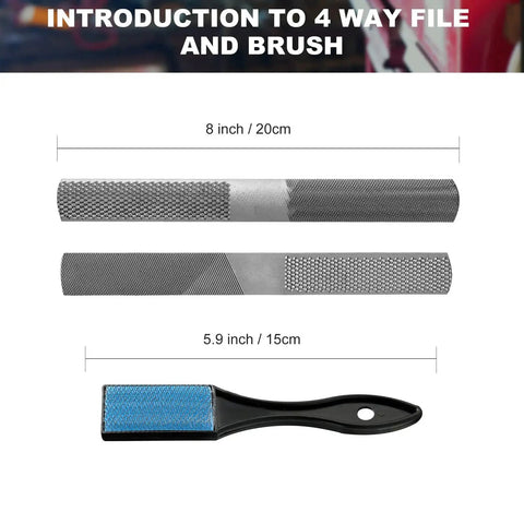 Introduction to 4-way file and brush in 19-Piece Metal And Wood File Set With Tool Bag Including Flat Half-Round Round Triangle Steel Files Half-Round Wood File 4-Way File And 12 Needle Files For Metal Wood Jewelry Plastics And Ceramic Work.