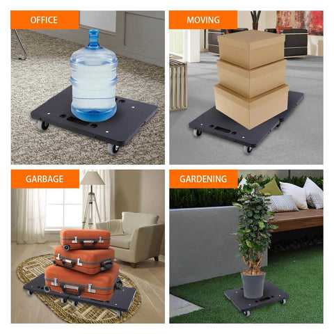 Furniture Dolly 2 Pack, Heavy Duty 4 Wheel Moving Dolly, 16 x 11 in Flat Cart, 500 LBS Capacity, shown with water jug, boxes, and suitcase.