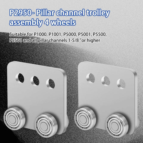 Durable 4 wheel trolley assembly with eye loop for unistrut channel systems, featuring solid steel construction in front view