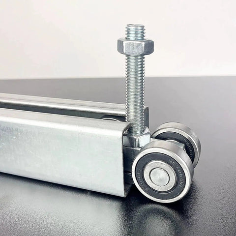 Four Wheel Trolley Assembly With Silent Rolling, M10 Bolt, Fits 1-5/8 Inch Wide Strut Channel, Close-up View