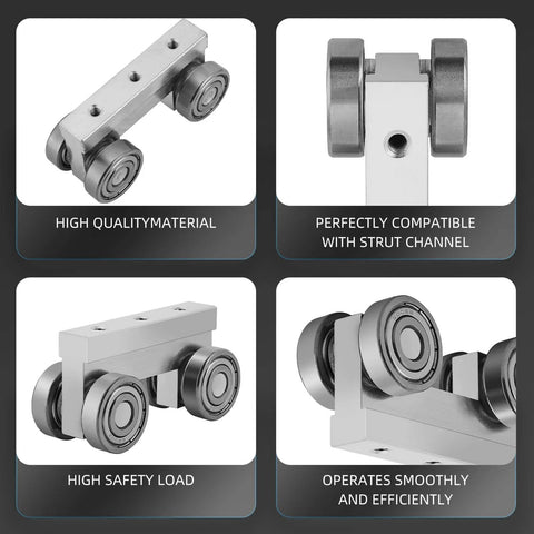 4 Wheel Trolley Assembly M5 Thread Rollers Four Bearing Trolley Assembly for 1-5/8" Wide and All 1-5/8" or Taller Strut Channel