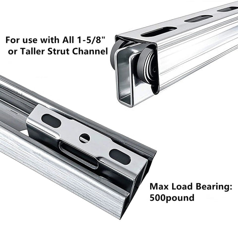 Close-up of 4 Wheel Trolley Assembly Rollers, compatible with 1-5/8" strut channels, showing silver construction and max load of 500 pounds.