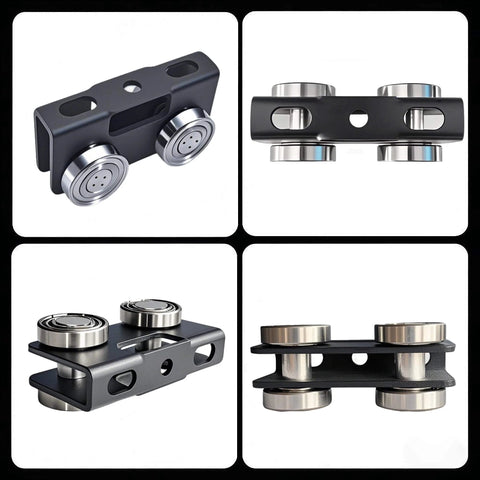 4 Wheel Trolley Assembly Rollers, Upgraded Load & Stable Roller Trolley for Electric Hoist, black 2 pack, side and top views.