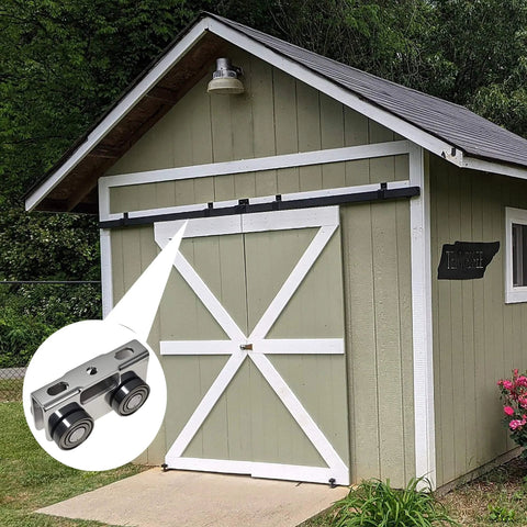 4 Wheel Trolley Assembly Rollers installed on shed, highlighting silent roller trolley compatible with 1-5/8" wide strut channel.