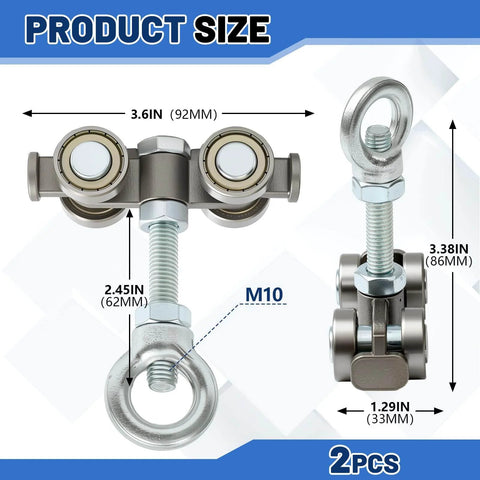2 Pcs 4 Wheel Silent Trolley Assembly Rollers with Hidden Bolt Design showing dimensions and M10 lifting eye nuts