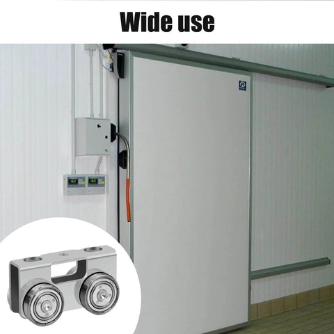P2750-EG 4 Wheel Light Duty Trolley Assembly for 1-5/8 Inch Strut Channel, electro-galvanized, shown in sliding door setup