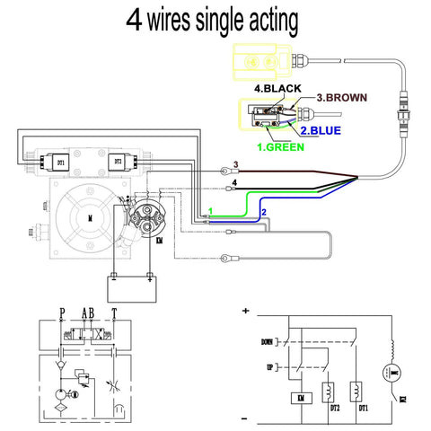 Diagram of 4 Wire Dump Trailer Remote Control Switch For 12V DC Hydraulic Pump Power Unit, showing wire connections.