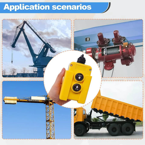 4 Wire Dump Trailer Remote Control Switch 12V DC Up Down Momentary Push Button For Double Acting Hydraulic Pump Lift Winch Dump Bed G018 4W Weatherproof ABS Shell Dustproof Quick Hookup shown with crane and dump truck
