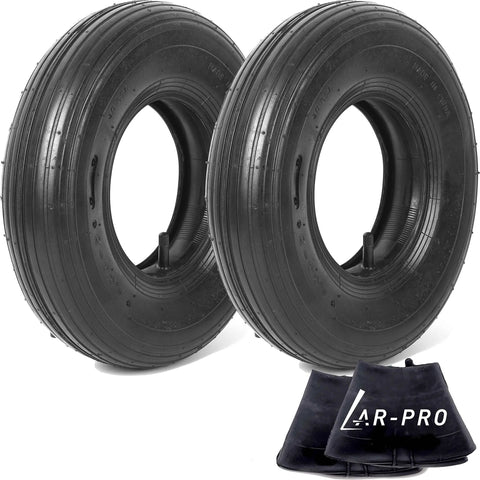 ✝️ (2 sets) 4.00-6 replacement pneumatic tires and inner tubes - universal fit 13” tires shown with ribbed treads and tr13 valve stems.