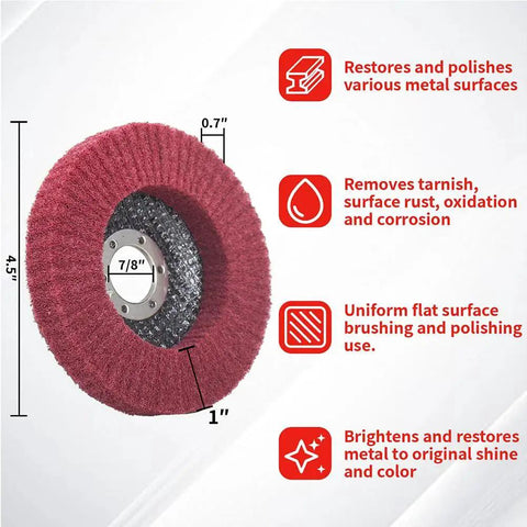 Red 4.5-inch scouring pad disc with metal hub, included in 10 Pack 4 1 Half Inch Flap Discs for Angle Grinder Set, highlighting features.
