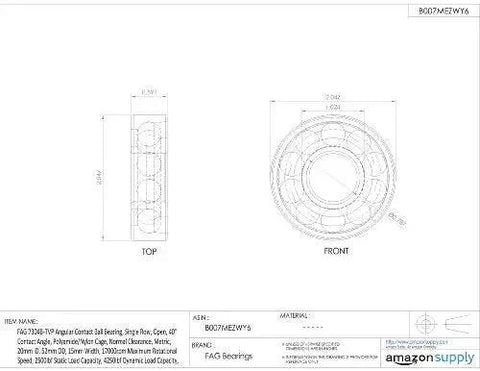 Technical drawing of 40 Degree Angular Contact Ball Bearing with a 20mm Bore and 52x15mm Outer Size Nylon Cage and 17000 RPM Capability.