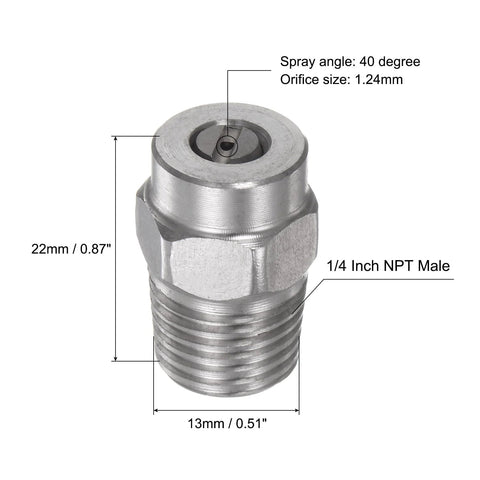 uxcell stainless steel pressure washer spray tip, 1/4 in NPT male, 40° spray, orifice 1.24 mm.