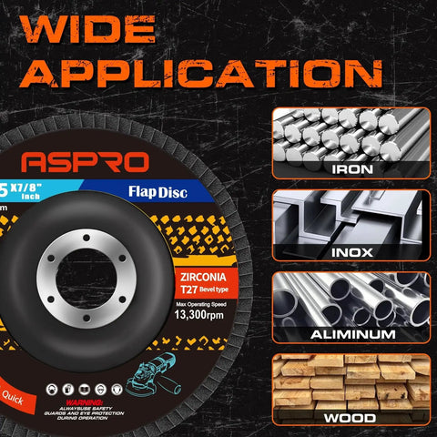40 Grit Zirconia Flap Discs 4.5 Inch T27 For Angle Grinder 12 Pack Metal Wood with application examples on various materials