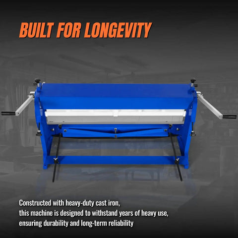 40 Inch Three In One Pan And Box Brake With Slip Roll Shear And Bending Functions For Sheet Metal 20 Gauge Mild Steel Heavy Duty Metalworking And Fabrication Roller And Bender Model MMCB4020, showing front view with cast iron construction.