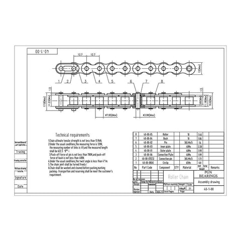 Technical drawing of #40 Roller Chain - 10 Feet + 2 Free Connecting Links - Carbon Steel Chains showing dimensions and specifications.