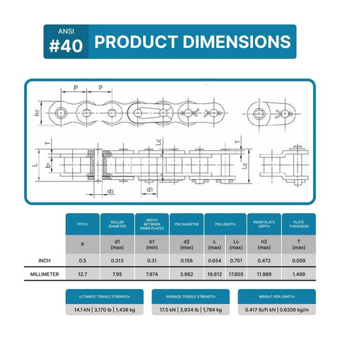 Diagram and dimensions of #40 Roller Chain - 10 Feet + 2 Free Connecting Links - Carbon Steel Chains for Bicycles, Mini Bikes