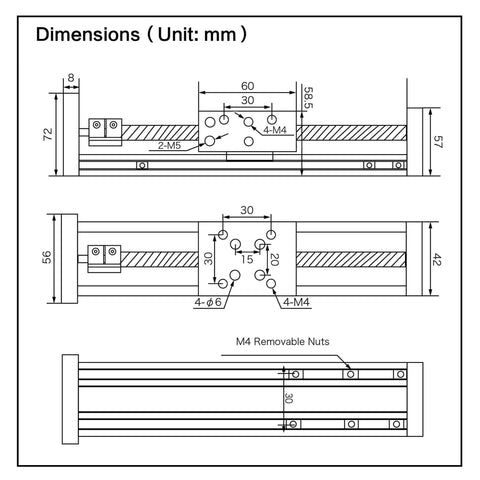 Technical drawing of 400mm / 15.75" Linear Stage Actuator with Square Linear Slide Rail, showing measurements and mounting details.
