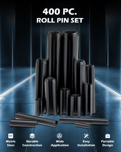 400 Piece Roll Pin Set With Slotted Spring Pins M1.5 Through M6 Steel Hollow Expansion Pins displayed upright on a reflective surface