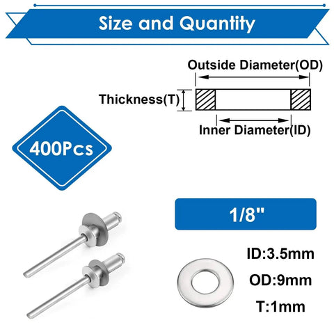 400 Pcs 1/8 Inch Pop Rivet Washers Set For 1/8 Rivets Stainless Steel Aluminum with size and quantity details