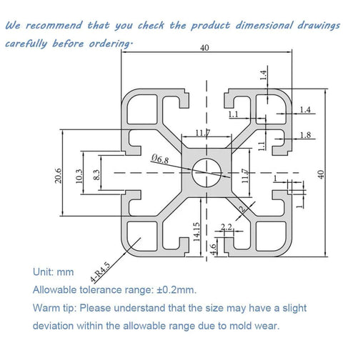 Technical drawing of 4-Piece 4040 T Slot Aluminum Extrusion Profile 78.7 Inch European Standard Anodized Linear Rail dimensions