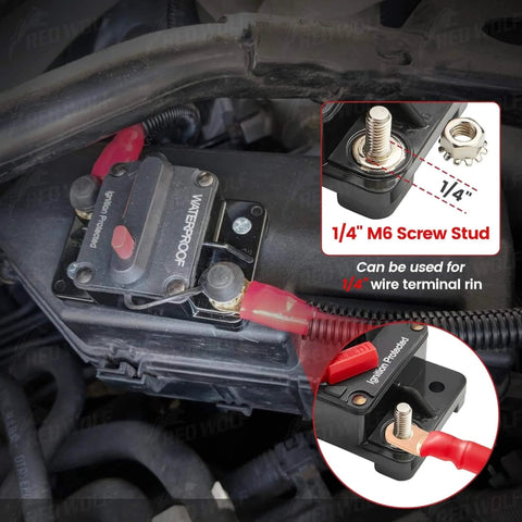 40 Amp DC Circuit Breaker With Manual Reset And Inline Fuse Holder for inverter and automotive or marine use, installed view.