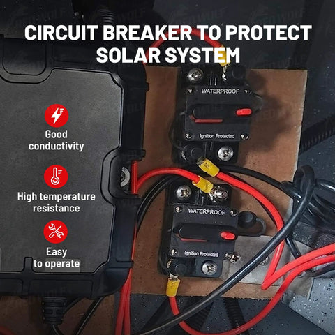 40 Amp DC Circuit Breaker With Manual Reset And Inline Fuse Holder For Inverter And Automotive Or Marine Use, installed in solar system