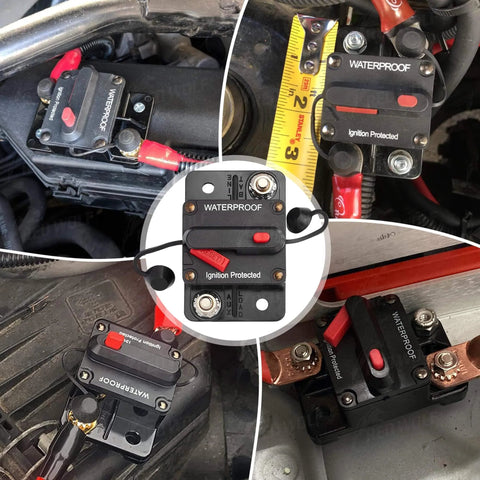40 Amp DC Circuit Breaker With Manual Reset And Inline Fuse Holder for inverter use, showing wiring and installation on vehicle engine