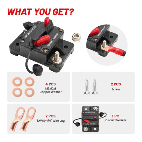 40 Amp DC Circuit Breaker With Manual Reset And Inline Fuse Holder For Inverter And Automotive Or Marine Use, Protects 12V To 48V Systems