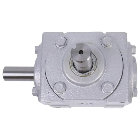Top view of silver 40 HP Right Angle Bevel Gearbox With 2 Keyed Shafts CW And CW 1 To 1 1800 RPM