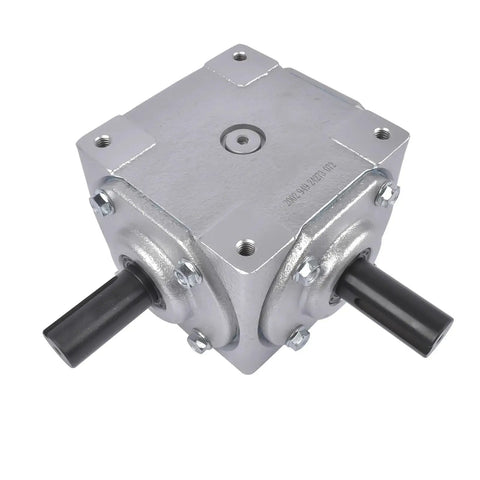 Beefy 40 HP Right Angle Bevel Gearbox With 2 Keyed Shafts 1 To 1 Cast Iron, front view showing 1-inch shafts and durable cast iron housing.