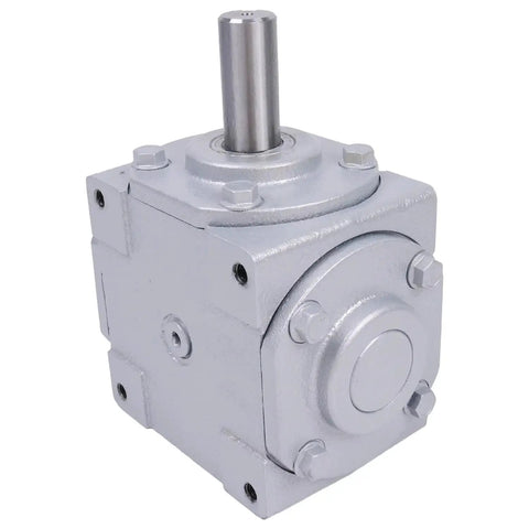 40 HP Right Angle Bevel Gearbox With 2 Keyed Shafts CW And CW 1 To 1 1800 RPM, visible front view, metal casing, vertical shaft