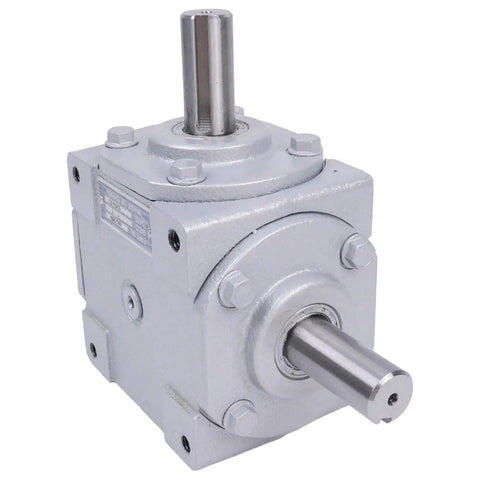Front view of 40 HP Right Angle Bevel Gearbox With 2 Keyed Shafts CW And CW 1 To 1 1800 RPM in silver casing.