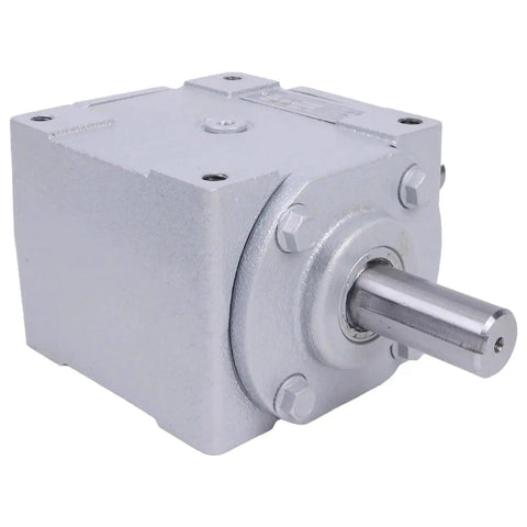 Front view of 40 HP Right Angle Bevel Gearbox With 2 Keyed Shafts CW And CW 1 To 1 1800 RPM, metal casing, showing one shaft.