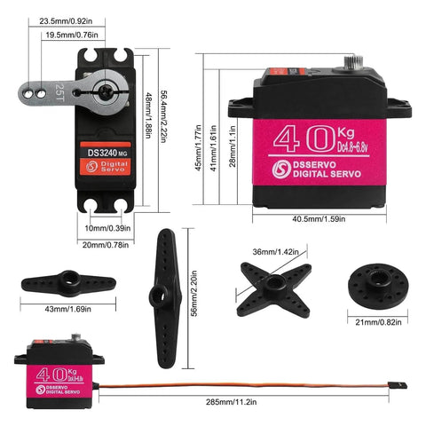 Diagram of 2 Pack High Torque 40KG Digital Servo, DS3240MG Full Metal Stainless Steel Gear Waterproof Steering RC Servo components.