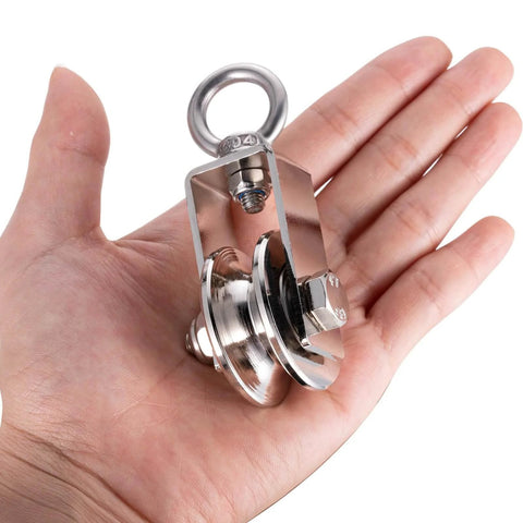 40mm Cable Pulley Wheel, Bearing Inside, 45# steel with nickel-plated finish, held in hand for scale, 1Pack