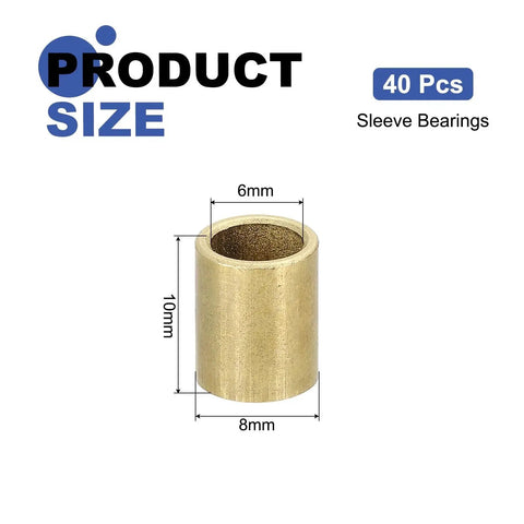 Set Of 40 Self Lubricating Sintered Bronze Sleeve Bearings With 6mm Bore 8mm Outer Diameter And 10mm Length, dimensions displayed