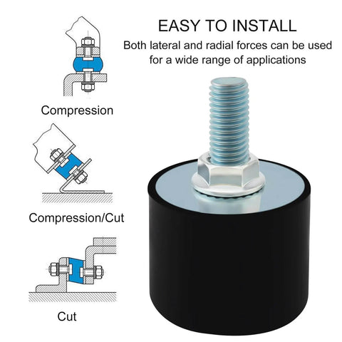 Front view of M10 rubber isolator mount with installation diagrams showing compression and cut, ideal for air compressors, garage motors.