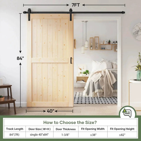 40x84 Inch Sliding Barn Wood Door Slab With 7Ft Hardware Kit In Spruce Solid Wood Installed in a Bedroom Setting
