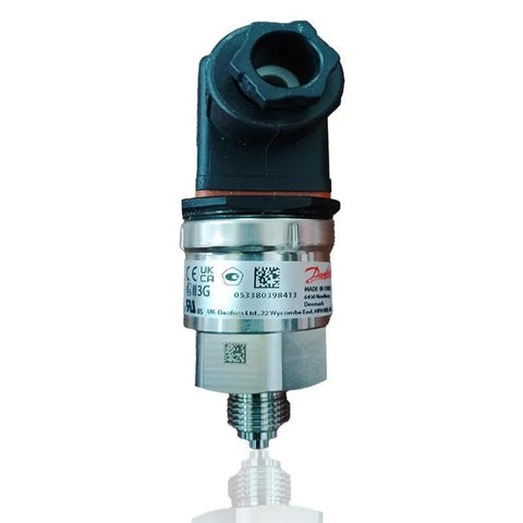 MBS-3000 BISS pressure transmitter, stainless steel body with black top, front view, 4-20 mA output, 0-10 bar range