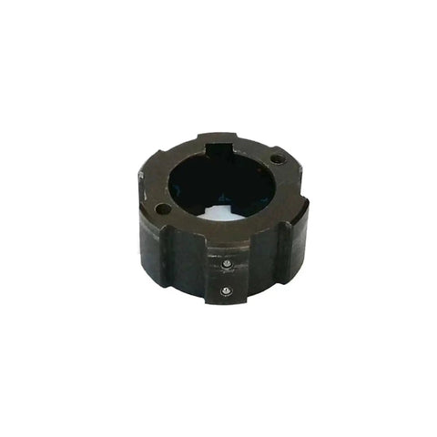 Electromagnetic brake disc, black round metal housing with central shaft bore and mounting holes