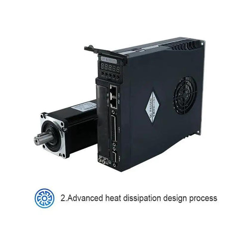 AC servo motor with mounted driver, black metal housing, front panel RS-232/RS-485 ports