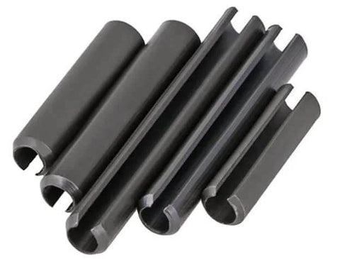 3/16 Inch Diameter By 2-1/4 Inch Long Roll Pins Set, Heat Treated Spring Pins With Black Finish, arranged in a row on white background