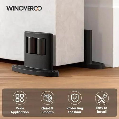 Set Of Four Sliding Barn Door Bottom Floor Guides With Double Sided Roller Design For Smooth Quiet Operation In Durable Aluminum Alloy Floor Mounted Black Finish Ideal For Farmhouse Modern Or Industrial Interior Doors, floor mounted view.