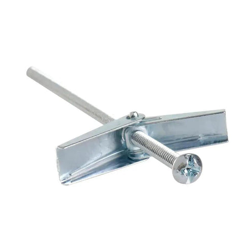 Close-up of Toggle Bolts Set, 20 Pack, 1/8 Inch By 4 Inch Drywall Anchors in solid steel with zinc plating, SAE right hand threads.