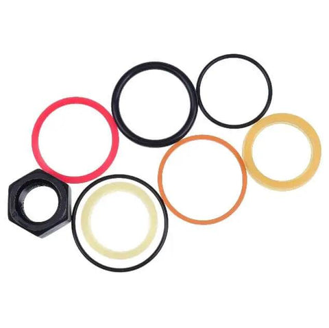 Heavy Duty Cylinder Seal Kit 7135558 6803325 Compatible With Bobcat Loaders 753 763 773 7753 And Excavators 220 320 322 323 Rod One And A Half Inch Bore Two And A Quarter Inch Seals For Reliable Hydraulic Performance with assorted seals on display.
