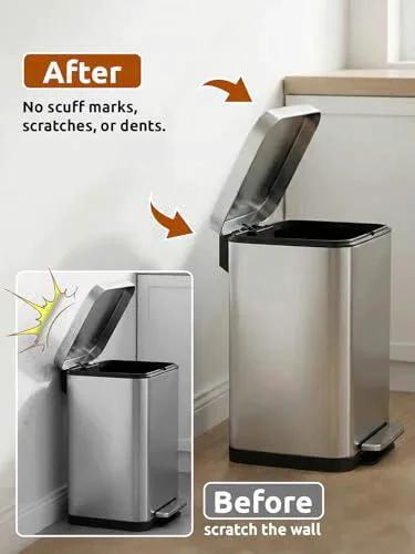Before and after using Transparent Wall Protectors Behind Trash Cans, showing scuff-free wall with silicone bumpers installed.